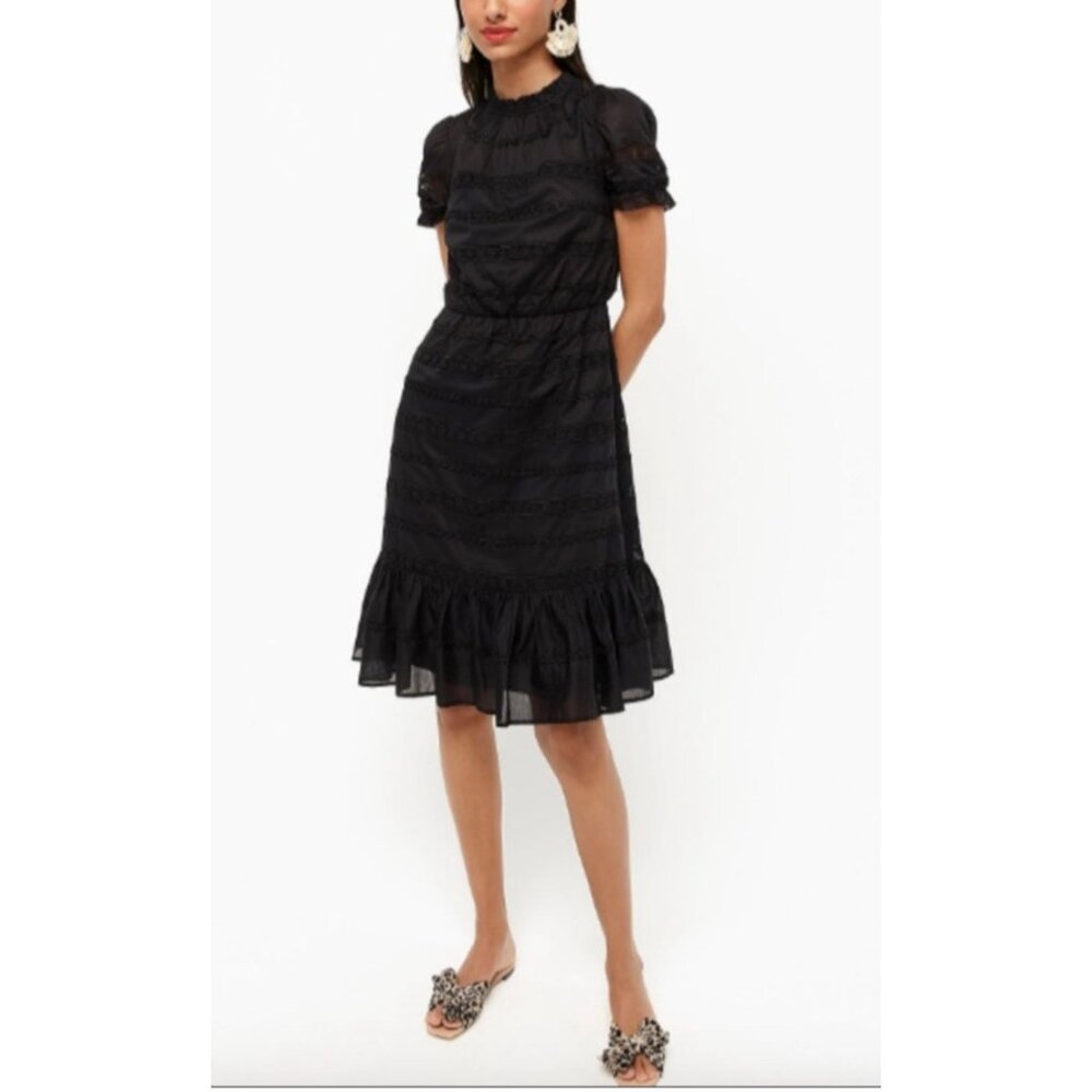 J Crew Puff-sleeve Daisy-Chain Dress 10 Black Short Sleeve Ruffle Hem Cotton